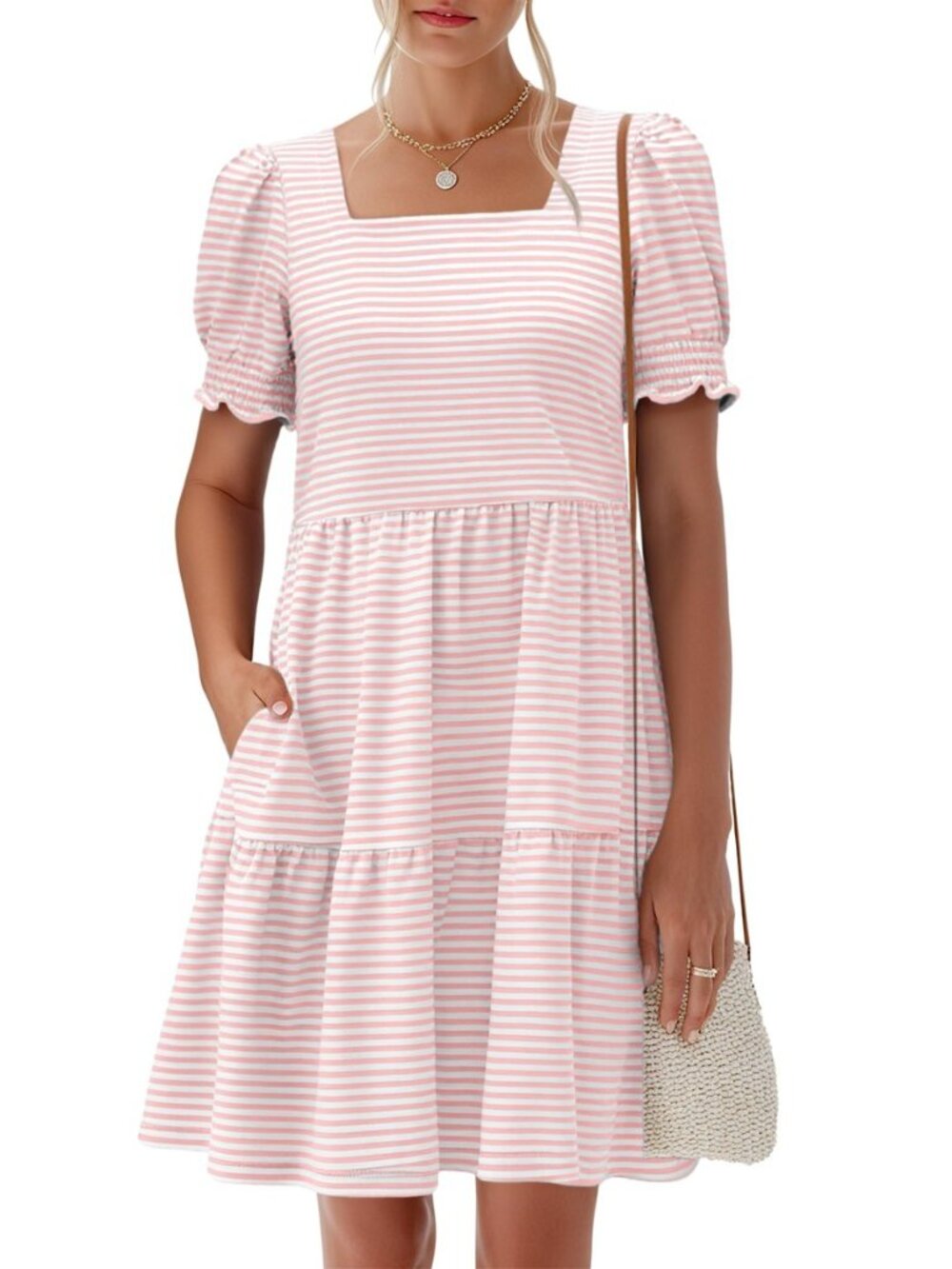 Womens Summer Puff Short Sleeve Square Neck Work Mini Dresses